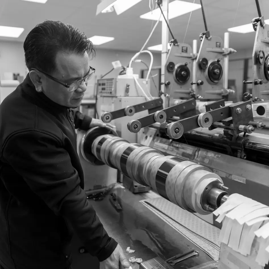 A technician operating a coil-winding machine on the workshop floor